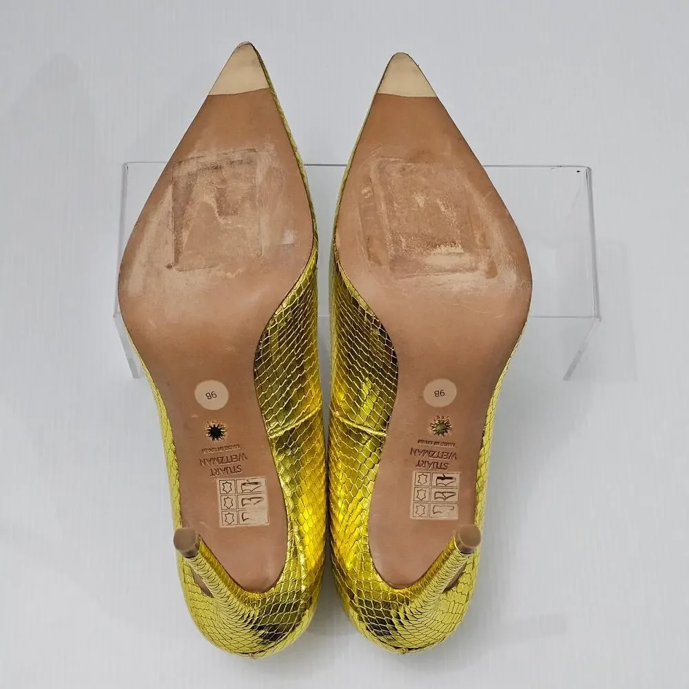 Stuart Weitzman Metallic Yellow Snakeskin Pointed-Toe Pumps - Picture 13 of 16